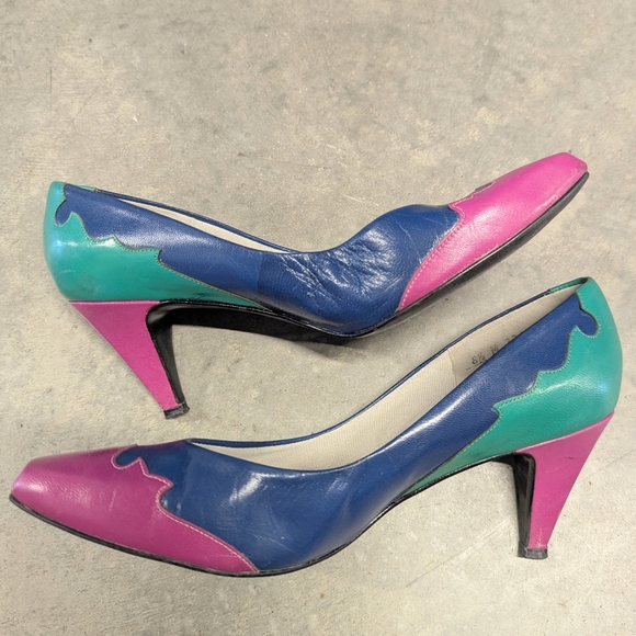 vintage COLORBLOCKED HEELS 1980's 80's 8 8.5 - Picture 3 of 7